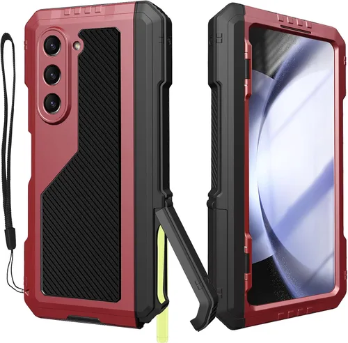 Vista 8 de Funda de metal para Samsung Galaxy Z Fold 5 con soporte para bolígrafo Fold5 S, resistente funda protectora de pantalla Z Fold 5, protector de Negro