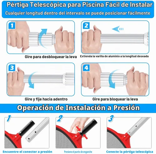 Vista 5 de Poste de piscina mejorado de 15 pies, poste telescópico de limpieza de piscina, poste profesional ajustable para red de desnatador, rastrillo