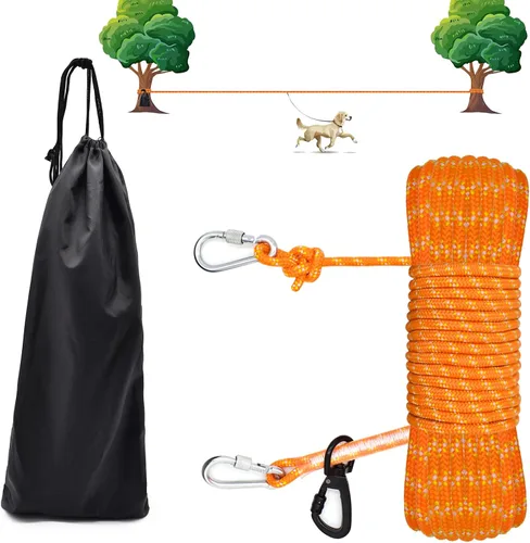Vista 10 de Cable de amarre mejorado para perros para campamento, sistema de carrito portátil de 100 pies para 2 perros, sistema de enganche para perros Azul