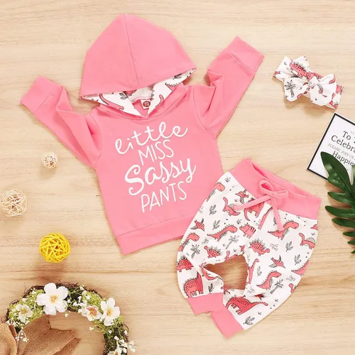 Vista 4 de Conjunto de ropa para bebé niña de 3 piezas, manga larga, sudadera con capucha, camisa, pantalones de dinosaurio, diadema