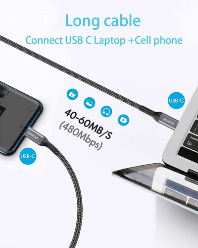 Vista 4 de Cables USB C a USB C de 60 W (paquete de 2 de 6.6 pies), cable tipo C a tipo C, cable de carga rápida compatible con iPhone 15, MacBook Pro/Air