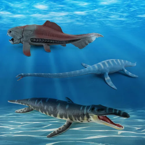Vista 4 de Juguetes realistas de criaturas marinas prehistóricas grandes de 10 pulgadas para niños, 3 piezas, réplica de figuras de Plesiosaurio, regalo