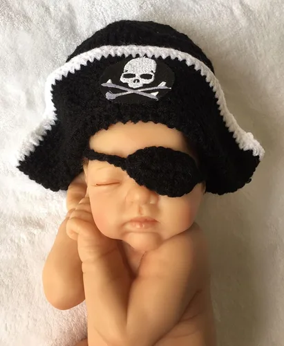 Vista 4 de Matissa Disfraz de punto de ganchillo para bebé recién nacido, fotografía fotográfica, sombreros (sombrero de pirata), Negro