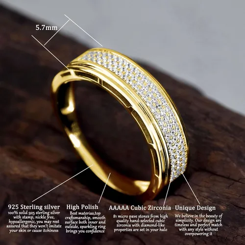 Vista 3 de Anillos de boda para hombres, anillos de plata de ley 925, hip hop, aniversario, alianza de boda, regalos para hombres, chapado en oro, 1 unidad