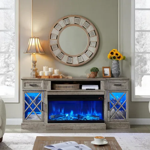 Vista 10 de OKD - Mueble de TV de estilo granja con chimenea, soporte de centro de entretenimiento de 70" con chimenea eléctrica de vidrio de 3 lados de 36