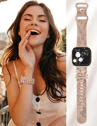 Vista 4 de Minyee Correa con dije grabado floral compatible con Fitbit Versa 2/Fitbit Versa/Versa Lite bandas para mujer, anillo decorativo brillante