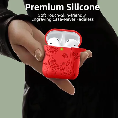 Vista 4 de Lerobo - Funda con grabado de flores para carcasa de AirPod, protector de silicona suave y elegante con llavero compatible con carcasa de carga