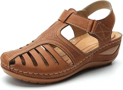 Vista 3 de Sandalias de cuña para mujer, sandalias de punta cerrada para mujer, estilo casual, de verano, ahuecadas, vintage, sandalias de cuña de gladiador