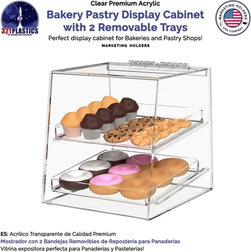 Vista 2 de Marketing Holders Cubo de exhibición de pastelería con puerta de 10.25 x 11.5 x 11 pulgadas para productos horneados con 2 bandejas extraíbles