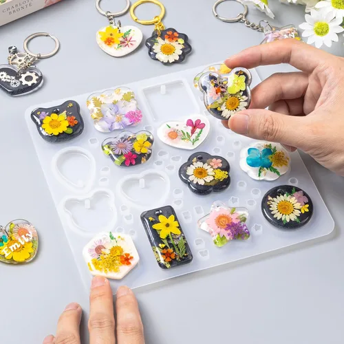 Vista 3 de LET'S RESIN Moldes de resina para llavero de silicona con agujero, 16 cavidades de resina UV, molde colgante de joyería para principiantes, moldes
