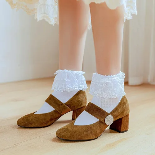 Vista 6 de SRYL Calcetines de tobillo con perlas y volantes para mujer, calcetines de algodón lindos para mujer, calcetines de encaje de princesa