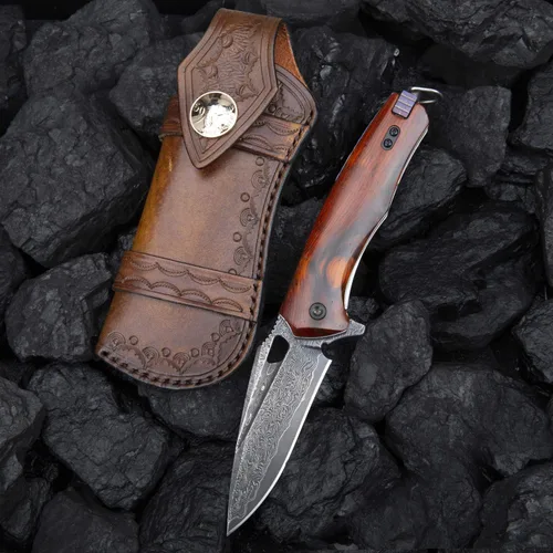 Vista 9 de Cuchillo plegable EDC multifuncional de acero de Damasco con clip de bolsillo autoensamblable, cierre de revestimiento, funda de cuero, cuchillo