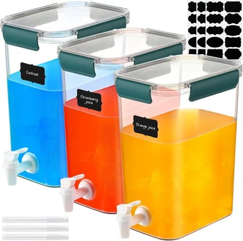 Vista 9 de Mumufy Juego de 3 dispensadores de bebidas de plástico para fiestas, dispensador de bebidas para refrigerador con espita recipiente de limonada
