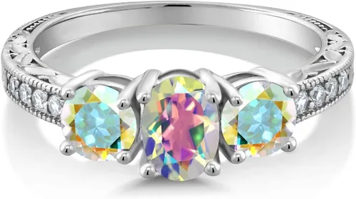 Vista 49 de Gem Stone King Anillo de compromiso de 3 piedras preciosas de oro blanco de 10 quilates con piedra natal y diamantes cultivados en laboratorio