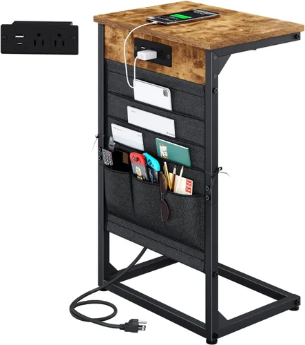 Vista 13 de Mesa auxiliar en forma de C con estación de carga rápida, mesa lateral pequeña para sofá con bolsa de almacenamiento, bandeja de TV para sofá