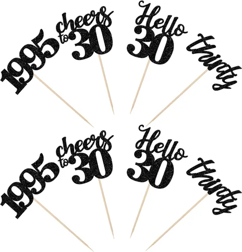 Vista 3 de 24 decoraciones negras para cupcakes de 30 cumpleaños con purpurina Hello 30, decoración de cupcakes Cheers to 30 desde 1995, treinta selecciones