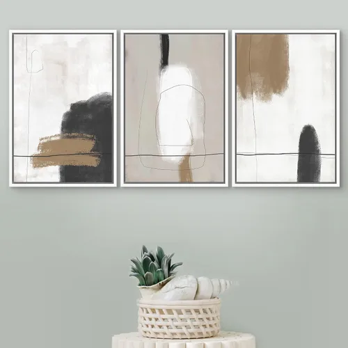 Vista 244 de SIGNFORD - Set de obras de arte en lienzo enmarcado para pared, ilustraciones abstractas de neblina del desierto en tonos neutros beige y marrón