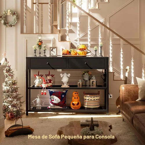 Vista 2 de Ecoprsio Mesa de Entrada con Tomacorrientes y Puertos USB, Mesa Consola con 2 Cajones, Mesa de Sofá Pequeña con Estantes de Almacenamiento para Sala