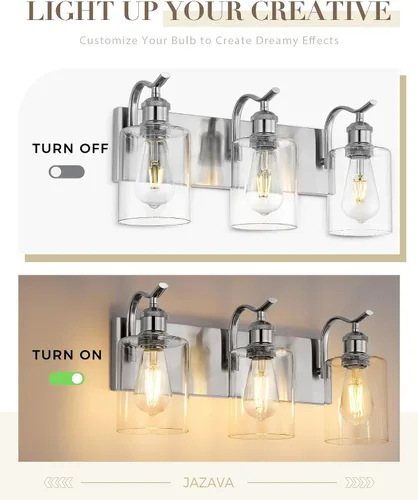 Vista 7 de Lámpara de tocador de baño de 3 luces, aplique de pared de níquel cepillado, lámpara de baño moderna con vidrio transparente, VL01BN-3 Níquel