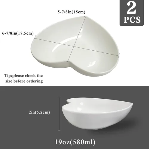 Vista 2 de Juego de 2 platos de ensalada profundos en forma de corazón de porcelana, cuencos de corazón de 7 pulgadas para servir postre/aperitivo/fruta, 19