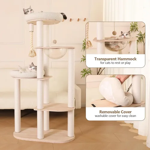 Vista 9 de Árbol moderno para gatos de 59 pulgadas, torre grande de varios niveles, árbol de madera resistente para gatos con hamaca, poste rascador de algodón