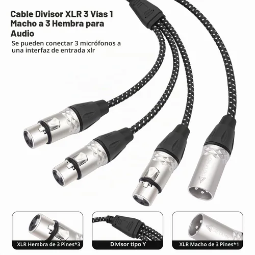 Vista 3 de Cable divisor en Y de 3 pines XLR macho a 3 hembras, divisor XLR de 3 vías, 1 macho a 3 hembras, micrófono de audio de tres entradas y una salida, 2