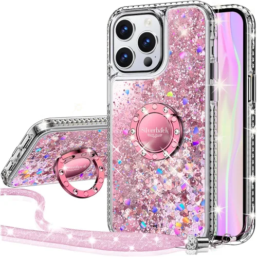 Vista 7 de Silverback - Funda para iPhone 13 Pro con soporte de anillo, color dorado transparente Moving Liquid Holographic Sparkle Glitter, Kickstand, Bling