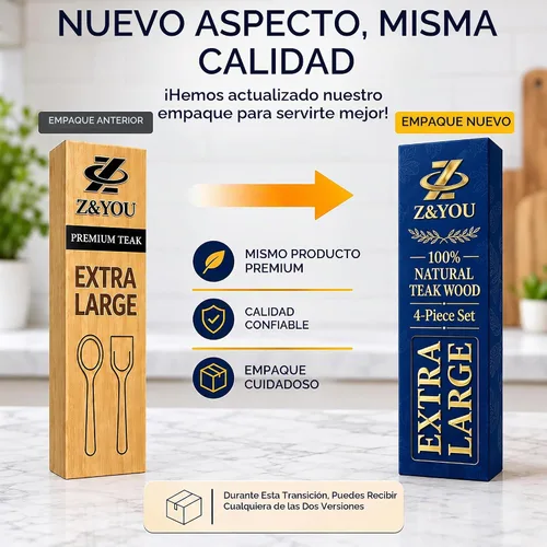 Vista 2 de Juego de utensilios de madera de teca extra grandes de 4 piezas, espátula de madera antiadherente para cocinar, cuchara espumadera y cuchara