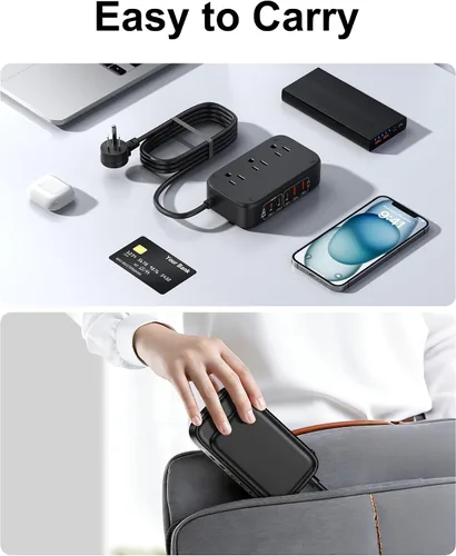 Vista 8 de Regleta de alimentación 7 en 1, regleta de alimentación PD USB C de 85W con 3 USB-C, 2 puertos USB-A y toma de corriente AC de 2500W, enchufe plano