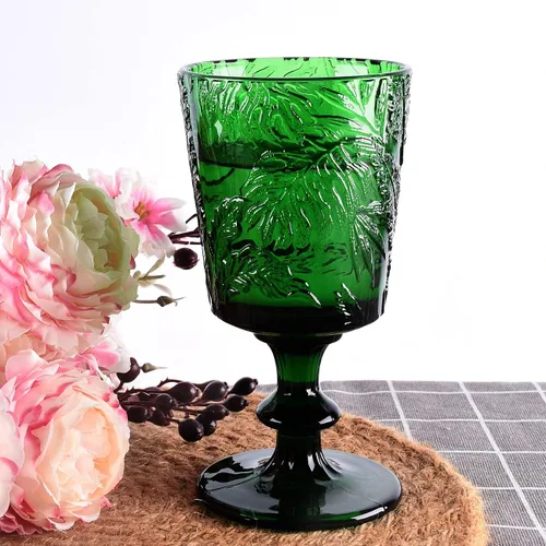Vista 6 de Juego de 4 copas de vino con tallo de color prensado hecho a mano, color verde, retro (4, copa de vino)