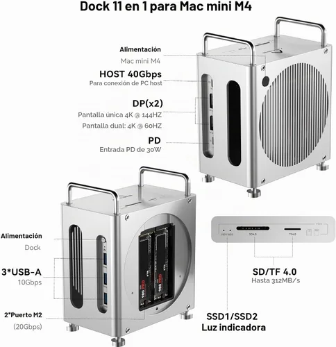 Vista 2 de ACASIS Base y soporte para Mac mini M4 de 40 Gbps con carcasa SSD NVMe de doble bahía, estación de acoplamiento 11 en 1 para Mac mini M4/M4 Pro