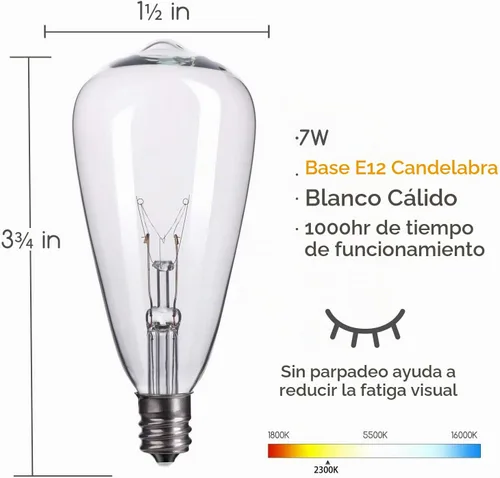 Vista 2 de Paquete de 25 bombillas Edison de repuesto, 7 vatios, base de candelabro E12 ST40, bombillas de vidrio transparente de repuesto para luces de cadena