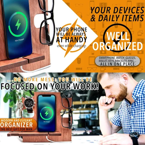 Vista 2 de Estación de acoplamiento para teléfono, soporte de reloj de madera, organizador de mesita de noche, regalos para él, gadgets para hombres, regalo
