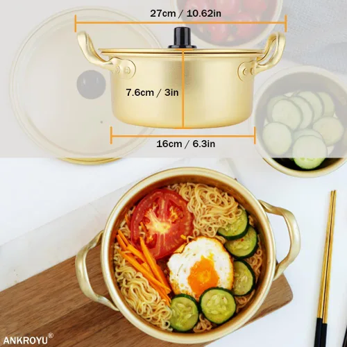 Vista 5 de Olla de fideos ramen coreanos, utensilios de cocina de fideos ramen, aluminio amarillo, antiadherente, tradicional coreano, cuenco de cocción rápida