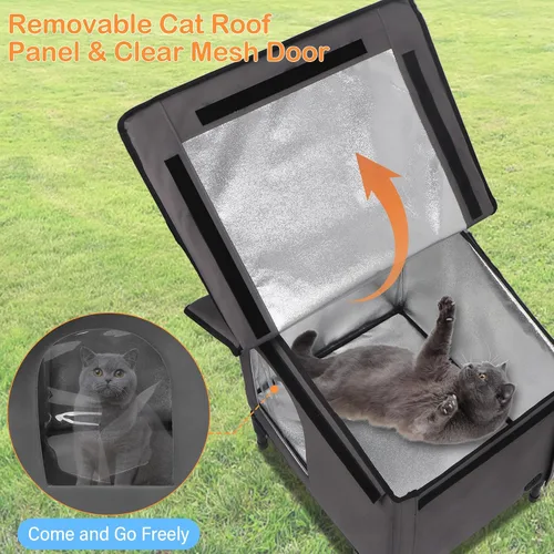 Vista 6 de Casa para gatos climatizada resistente a la intemperie, casa para gatos al aire libre con cama térmica, casa aislada para gatos elevados, refugio