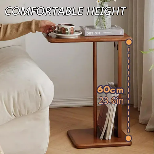Vista 3 de Mesa Auxiliar En Forma De C De Madera De Caucho, Mesa Auxiliar Pequeña Con Bandeja Para TV Para Sofá, Sala De Estar, Dormitorio, Mesa De Sofá Nogal
