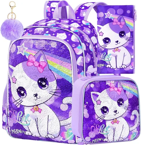 Vista 18 de 3 piezas de mochilas infantiles para niñas, 41 cm, mochila escolar preescolar y lonchera con diseño de unicornio/sirena/flamenco Mochila