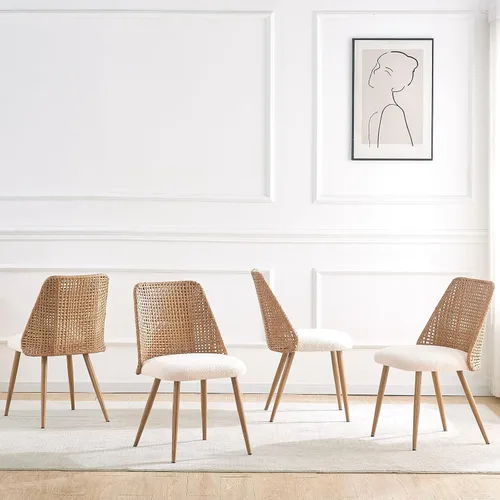 Vista 8 de Juego de 4 sillas de comedor de ratán, sillas de comedor de mimbre, sillas de comedor con respaldo de ratán de polietileno tejido y asiento de tela