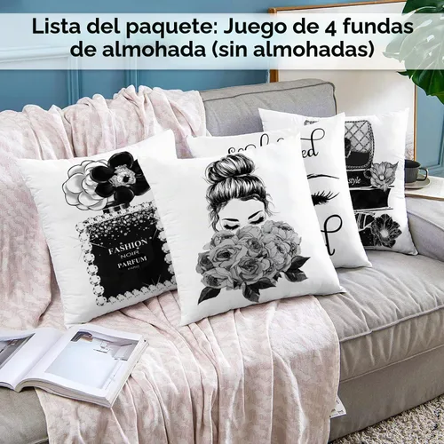 Vista 2 de Juego de 4 fundas de almohada decorativas para sofá cama de 18 x 18 pulgadas, fundas de almohada blancas y negras, fundas de almohada a la moda