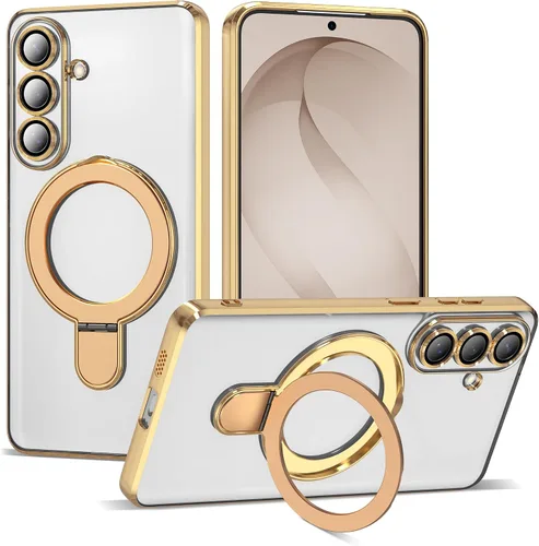 Vista 17 de Funda compatible con Samsung Galaxy S24 Plus con soporte de anillo magnético [compatible con Mag-Safe] protector de lente de cámara chapado Dorado