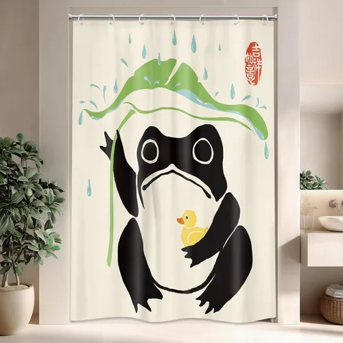 Vista 10 de Juego Divertido de Cortina de Rana Retro para Ducha, Juego de Baño 48x71 Pulgadas, Estilo Asiático Lindo, Arte Japonés Tradicional de Pato de Goma