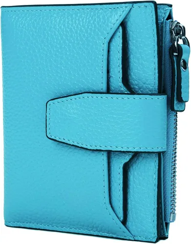 Vista 6 de AINIMOER - Cartera de piel con bloqueo RFID para mujer, tamaño pequeño, compacta, doble zíper, con ventana para identificación