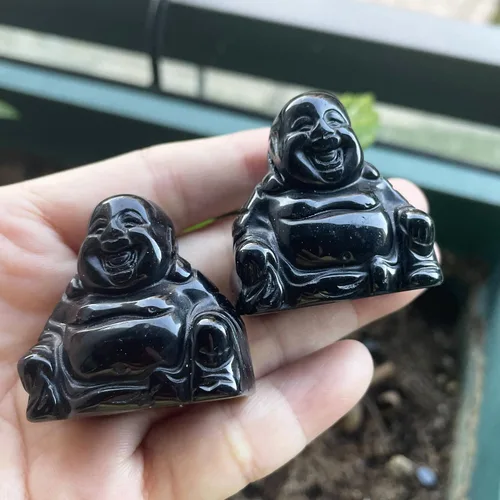 Vista 3 de Estatua de Buda feliz de Maitreya de piedra tallada a mano, escultura de bolsillo de cristal curativo, decoración de 1.5 pulgadas de alto, obsidiana
