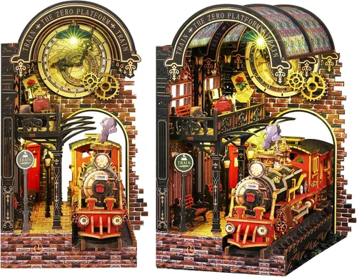 Vista 9 de Spilay Kit de rincón de libros para adultos, kit de casa de muñecas en miniatura con luz LED, rompecabezas de madera 3D, decoración creativa