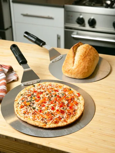 Vista 4 de RSVP International Endurance Pizza Tool Collection - Espátula para horno, acero inoxidable de 10 pulgadas de diámetro, mango en ángulo de silicona