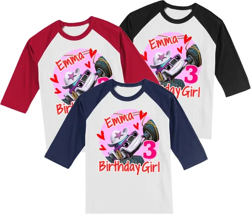 Vista 4 de Urban Smart Camiseta personalizada de cumpleaños de Starla para niñas, Blaze, personalizada con nombre y edad, Monster Truck, camiseta raglán unisex