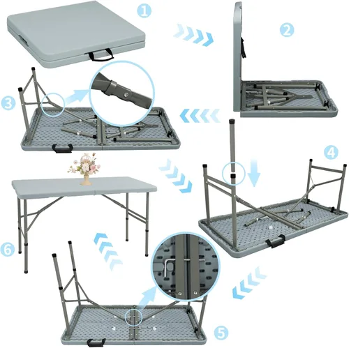 Vista 5 de Juego de 2 mesas plegables de 4 pies, mesa de camping portátil de plástico resistente, rectangular, mesa de comedor al aire libre, patas de acero