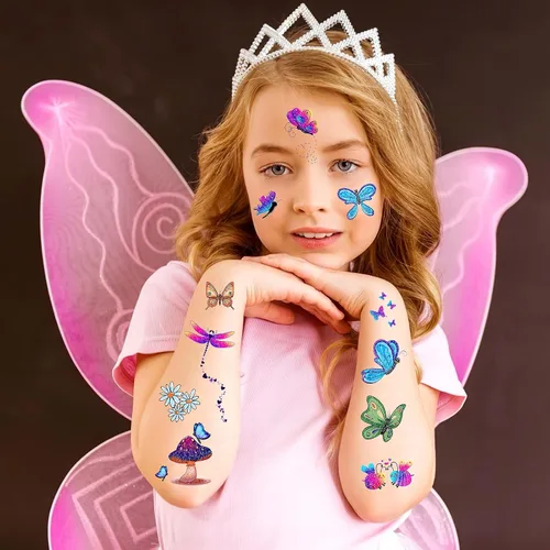 Vista 2 de Konsait Tatuaje Temporal con Purpurina para Niñas, 24 Hojas de Calcomanías de Tatuaje de Mariposa Sirena Hada Flores para Niños, Tatuajes Falsos
