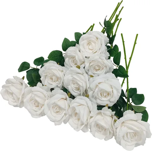 Vista 12 de ATFL Rosas Rubor, 12 Piezas de Rosas Rosa Pálido, Rosas Artificiales de Color Rosa Claro, Diámetro de la Flor 10 cm, Rosas Artificiales con Tallos