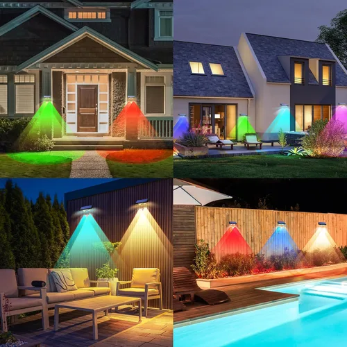 Vista 8 de TECKNET - Luces solares de valla para exteriores, paquete de 12 unidades, blanco cálido y 6 colores y RGB, luz de cubierta LED impermeable IP66